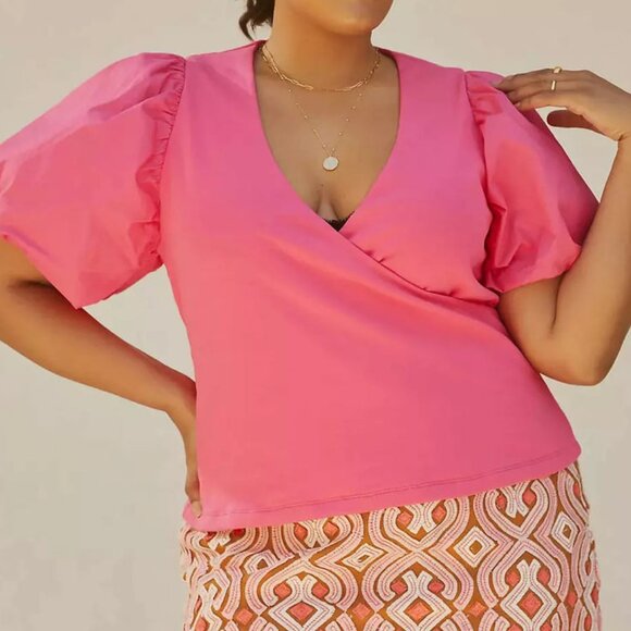 Maeve Barbie Pink Puff Puffy Sleeves Wrap Style Top Size 3X - Picture 1 of 7